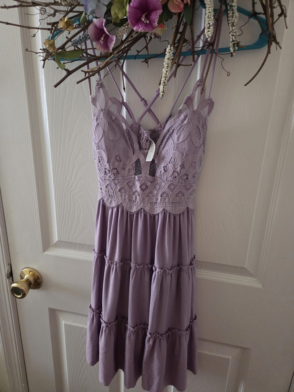 Zenana Outfitters Lavender Lace Tiered Mini Dress